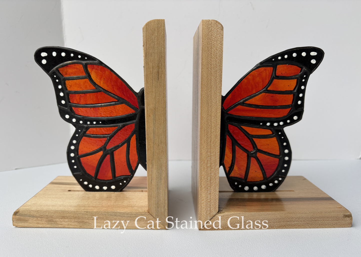 Monarch Wing - Stained Glass and Wood Bookends