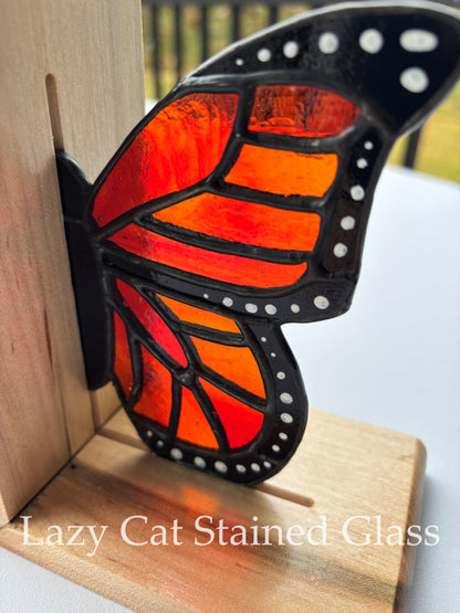 Monarch Wing - Stained Glass and Wood Bookends