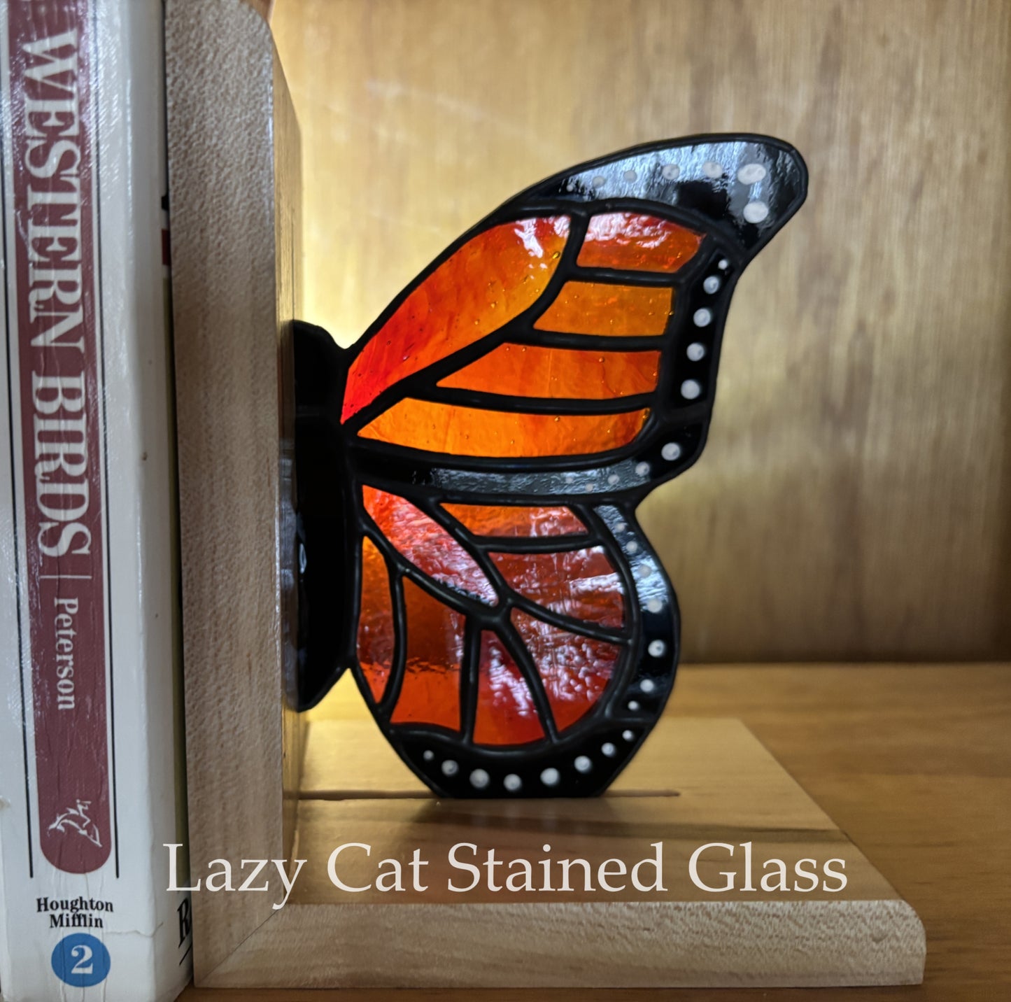 Monarch Wing - Stained Glass and Wood Bookends