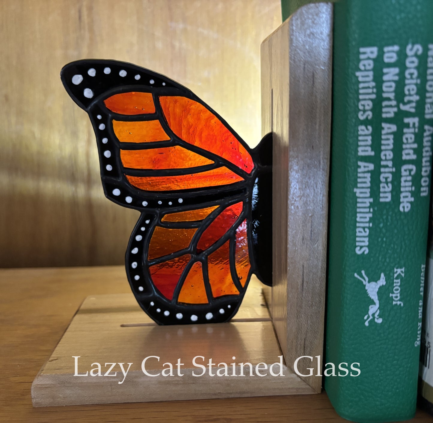 Monarch Wing - Stained Glass and Wood Bookends