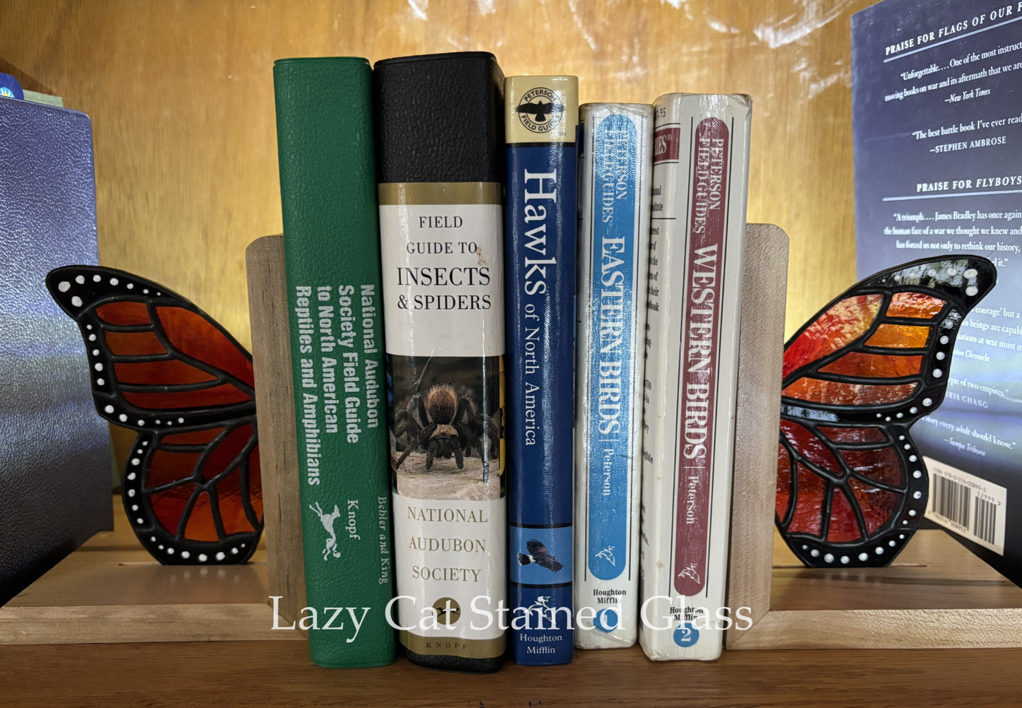 Monarch Wing - Stained Glass and Wood Bookends